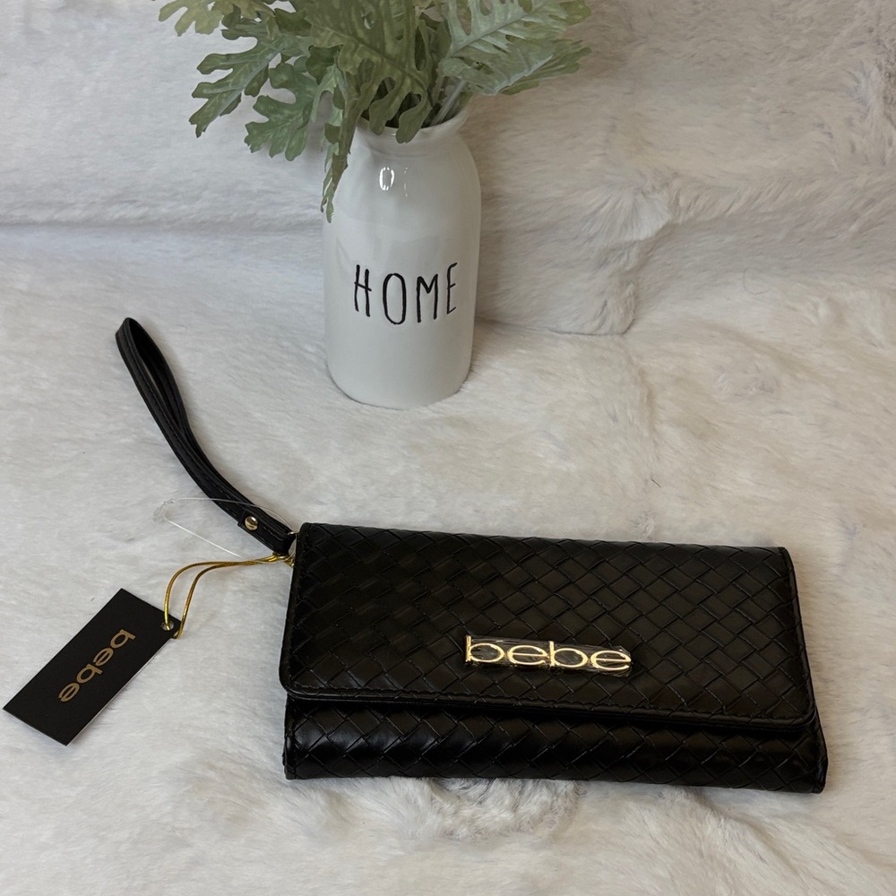 bebe Black Woven Wristlet Clutch with Gold Logo